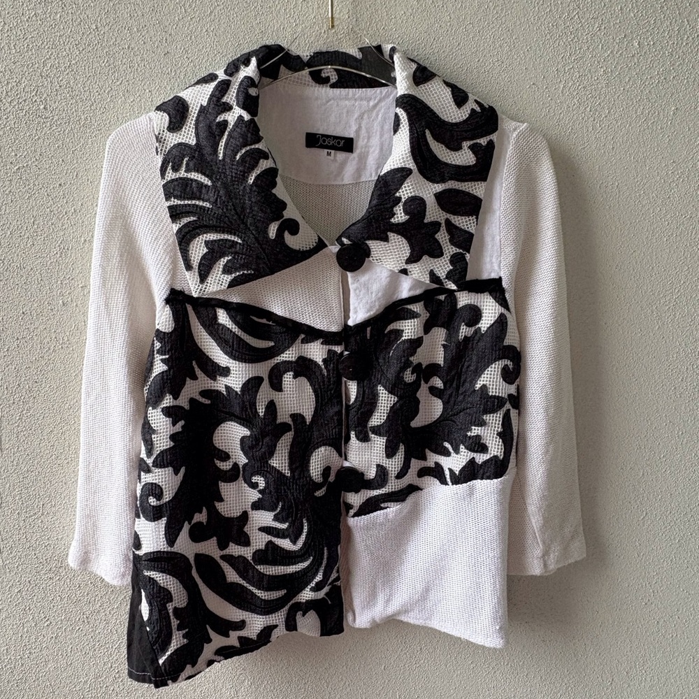 Joskor Medium Black White Abstract Button Front‎ Jacket Linen Blend Artsy Whimsy